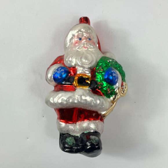 Vintage 5.5″ Santa Claus Mouthblown Glass Ornament Red Suit Wreath NO CAP - Picture 1 of 8